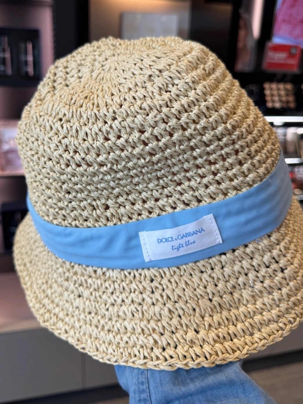 Dolce & Gabbana Cream Straw Bucket Hat with Light Blue Band